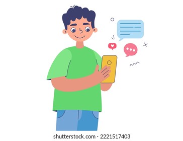 Boy using mobile phone, texting, messaging or chatting with friends online, looking at smart phone