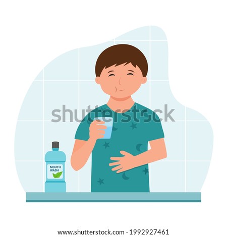 Boy using mouthwash for fresh breath and plaque prevention in flat design. Daily oral hygiene routine. Dental Health Concept.Rinse your mouth Vector illustration