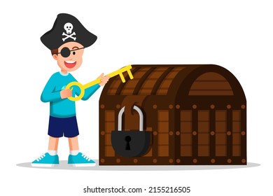 Boy using the pirate attribute and holding the big key to open the treasure