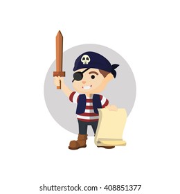 Boy using pirate costume holding paper