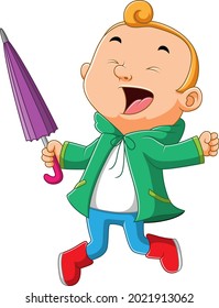 The boy is using the raincoat is jumping with the happy expression of illustration