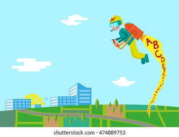 A boy using a rocket with ABC flames is flying towards school. Back to School concept. Editable Clip Art, 