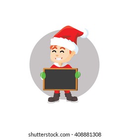 Boy using santa claus costume holding blackboard