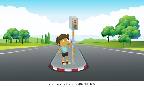 Boy using signal to cross the road illustration