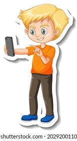 Ein Junge mit Smartphone-Cartoon-Zeichenaufkleber