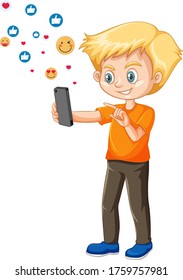 Boy using smart phone with social media icon theme isolated on white background illustration