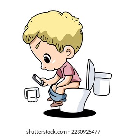 The boy using smart phone in the toilet isolated on white background