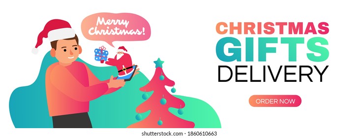 niño que usa la aplicación para smartphone christmas regalos entrega santa claus con banner de dibujos animados vectores de caja de regalo 