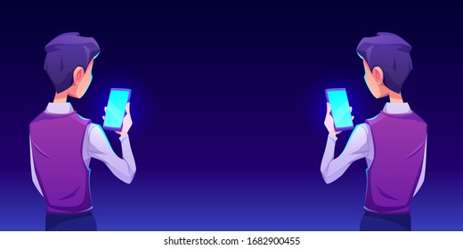 Boy using smartphone app. Man or guy hold in hand mobile phone with shiny blue screen back view. Vector cartoon illustration with gadget user. Ads of mobile device application