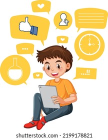A boy using smartphone for online learning illustration