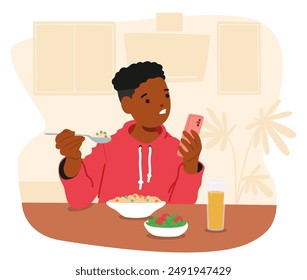 Boy Using A Smartphone While Eating Breakfast At Home. Cartoon Kid Is Distracted By His Device And Not Focusing On His Meal. Vector Image Represents Modern Issue Of Technology Distraction During Meals