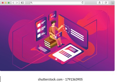 boy using social media on his laptop vector illustration