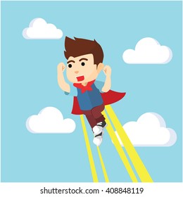 Boy using super hero costume to the sky