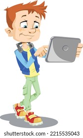 Boy using tablet.
Color vector illustration of a cartoon smiling teen boy using a computer tablet.