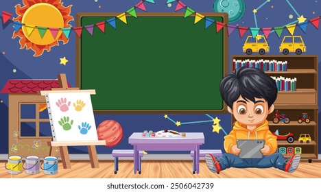 Boy using tablet in colorful classroom setting