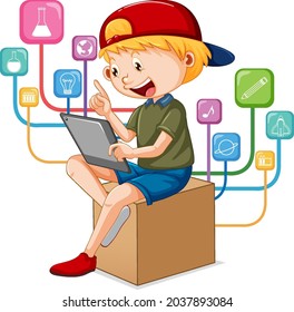 A boy using tablet for distance learning online illustration