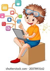 A boy using tablet for distance learning online illustration