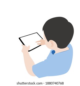 A boy using a tablet. his hand hold tablet and use finger touch on screen. Flat vector.