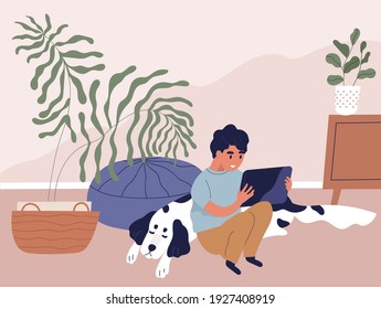 Boy using tablet PC and surfing internet at home. Happy kid sitting on floor in room, holding gadget, looking at screen and playing online games. Colored flat vector illustration