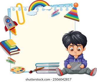 Boy using tablet surrounded by educational items