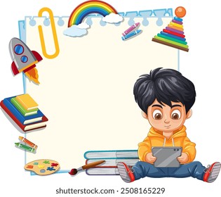 Boy using tablet surrounded by educational items