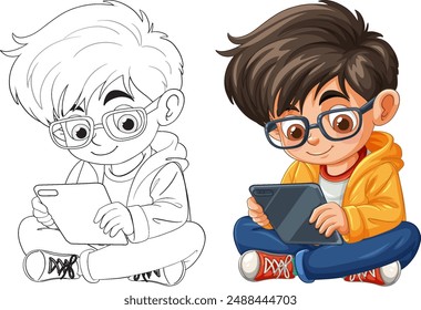 A boy using a tablet, wearing glasses