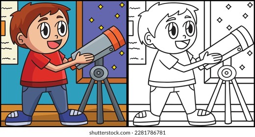 Niño usando la ilustración de la página de color del telescopio