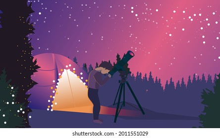Boy using telescope near to bonfire and tent. Forest landscape, summer camping, telescope expidition, star seeing. Editable vector illustration for banner, web site, social media