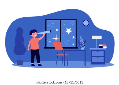 Boy using telescope and watching stars. Happy kid, bedroom interior, glass flat vector illustration. Childhood, explorer, discovery concept for banner, website design or landing web page