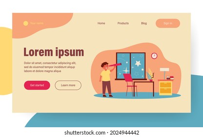 Boy using telescope and watching stars. Happy kid, bedroom interior, glass flat vector illustration. Childhood, explorer, discovery concept for banner, website design or landing web page