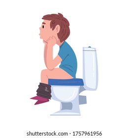 Boy Using Toilet Bowl, Cute Child Daily Routine Activity Cartoon Style Vector Illustration on White Background