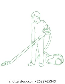 Boy using vacuum cleaner in living room at home