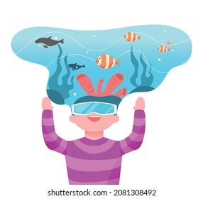 Boy using virtual reality glasses to feeling dive in the water vector illustration background.