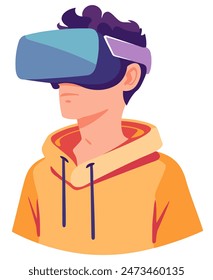 Boy Using Virtual Reality, Ideal for Technology and Gaming Themes - Flat Vector Illustration