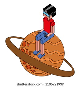 boy using vr goggles sitting on 3d planet