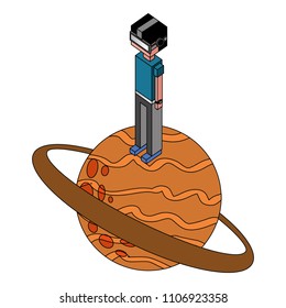 boy using vr goggles standing on game planet