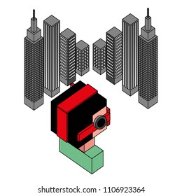 boy using vr goggles watching 3d city buildings