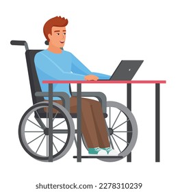 Boy using wheelchair and working on laptop. Employee man with walking disability vector cartoon illustration