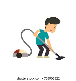 boy with a vacuum cleaner isolated on white background. vector illustration