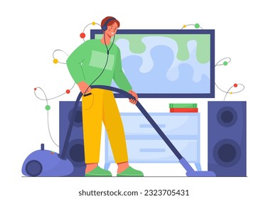 Boy with vacuum cleaner listening to music. Teenager does household chores in headphones and listens to his favorite songs and playlist. Routine and hygiene. Cartoon flat vector illustration