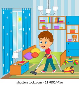 boy vacuuming the floor in the bedroom, illustration,vector