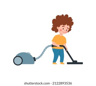 Boy vacuuming the floor and helping around the house, cartoon flat vector illustration isolated on white background. Home help and household chores for children.