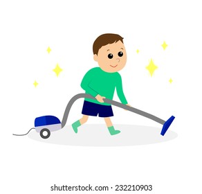 A boy vacuuming the floor, vector illustration