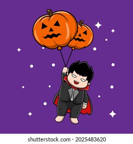 Boy Vampire cartoon illustration vector. Halloween character Flying with pumpkins ballon.