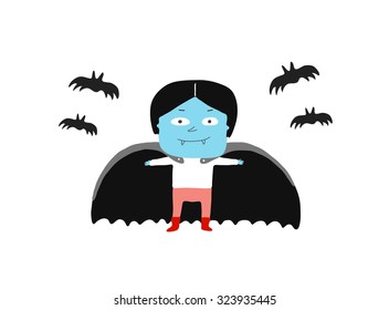 Boy in a vampire costume and bats, vector illustration