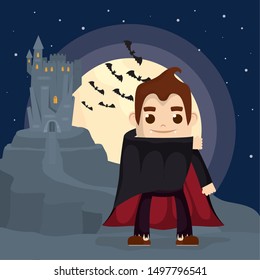 boy with vampire costume castle bats for halloween party vector illustration