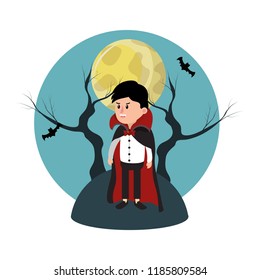 boy with vampire costume and full moon