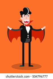 Boy with a Vampire Costume. Isolated Flat Vector Illustration on Orange Background.