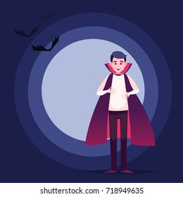 The boy Vampire on background of the moon and Bats.Vector Vampire Character for Halloween. boy dressed as Dracula vector illustration