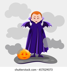 the boy vampire with wings, smiling pumpkin glowing, Vector design for app user interface,vector illustration
